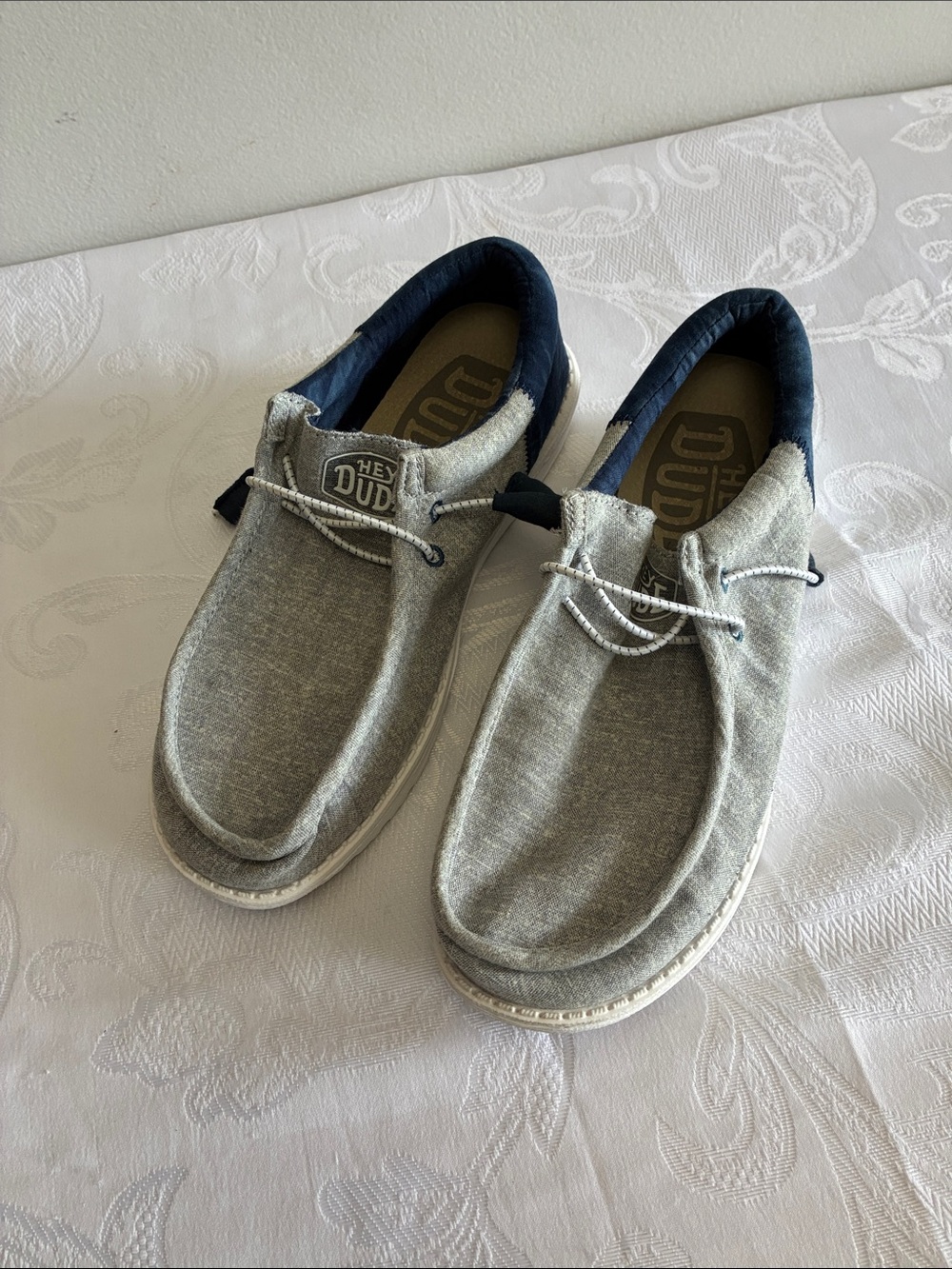 Hey Dude Men's or women’s Light Gray Canvas Slip-On Loafers with Navy Trim